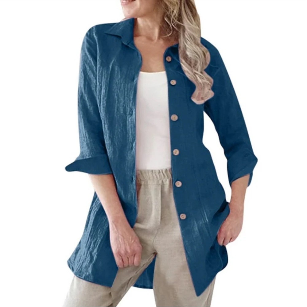 Soft Surroundings Island Breeze Shirt Deep Sea Blue Linen Button Down